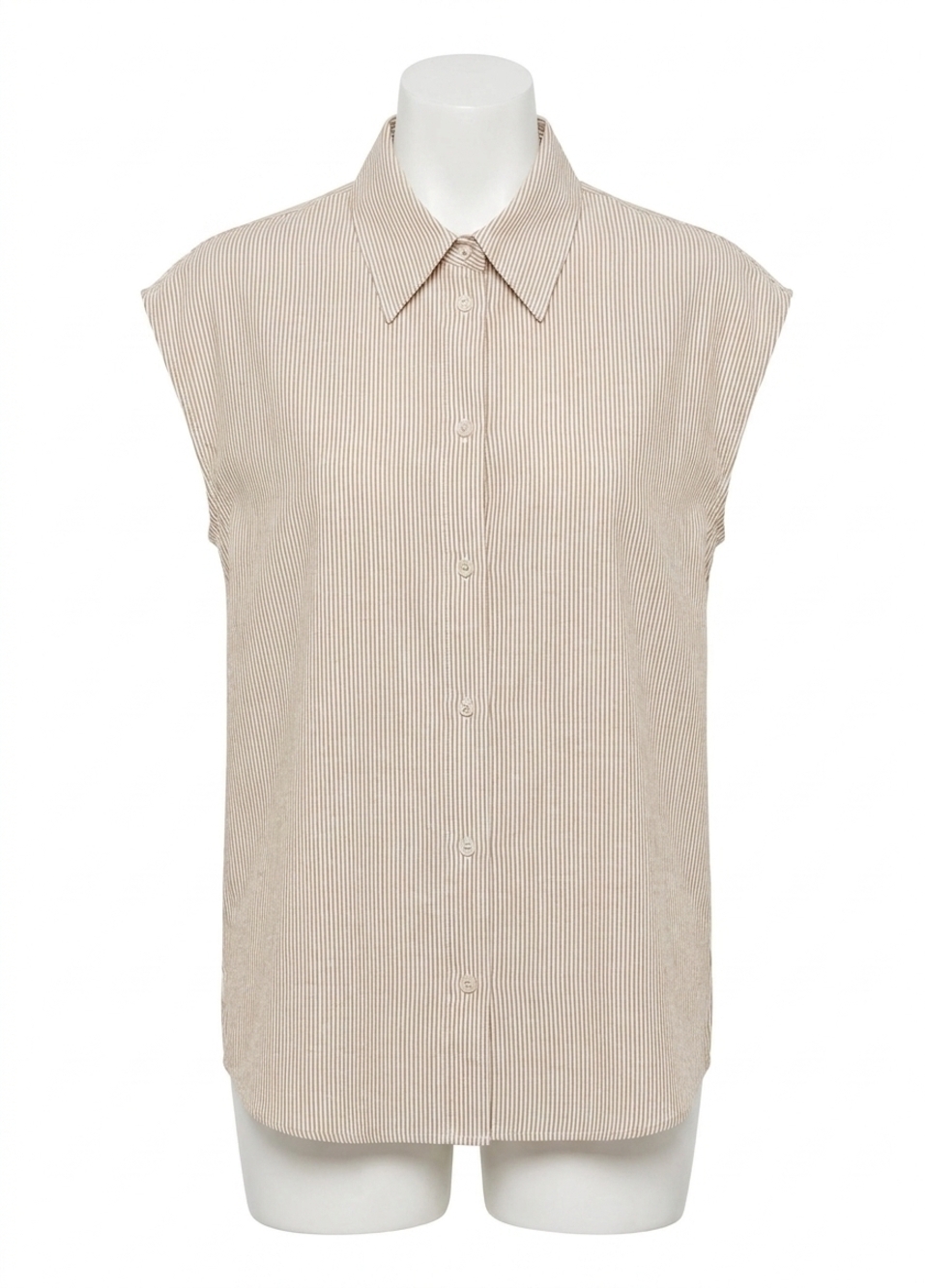 NEW VINCE ticking stripe linen-cotton cap-sleeve blouse in taupe wood